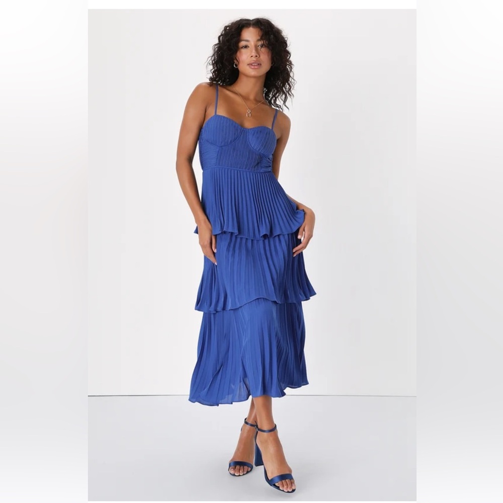 Cascading Crush Cobalt Blue Tiered Bustier Midi Dress
